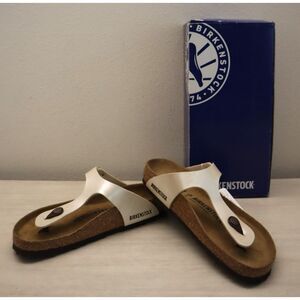 Birkenstock 0943871 Women Sz 6 Pearl White Leather Gizeh Birko-Flor Sandals